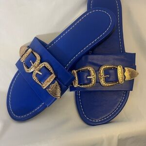 Amazon Blue Mules with Gold Buckles NWOT SIZE 6.5
